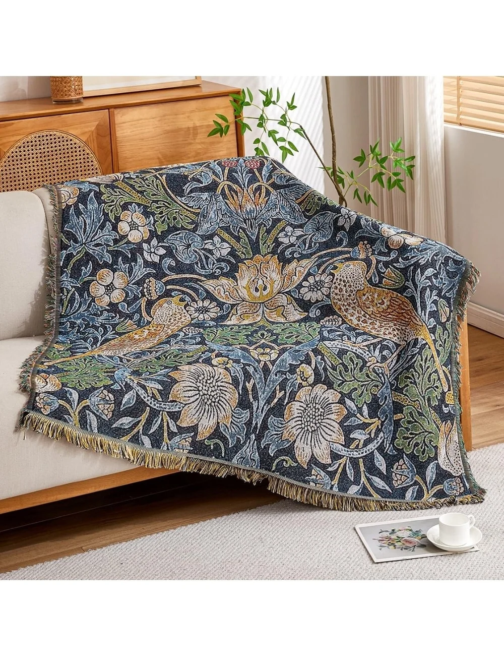 Floral Bird Woven Throw Blanket - Navy, Gold, Green 50X70